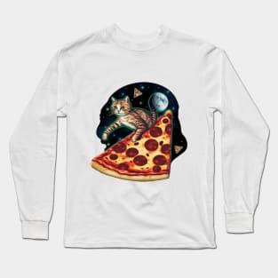 Explorer cat riding a slice of pizza in space Long Sleeve T-Shirt